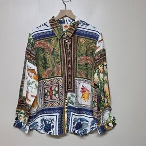 Farm Rio Tropical Mixed Scarfs Patterned Button Up Shirt Sz XL Beach Vacation